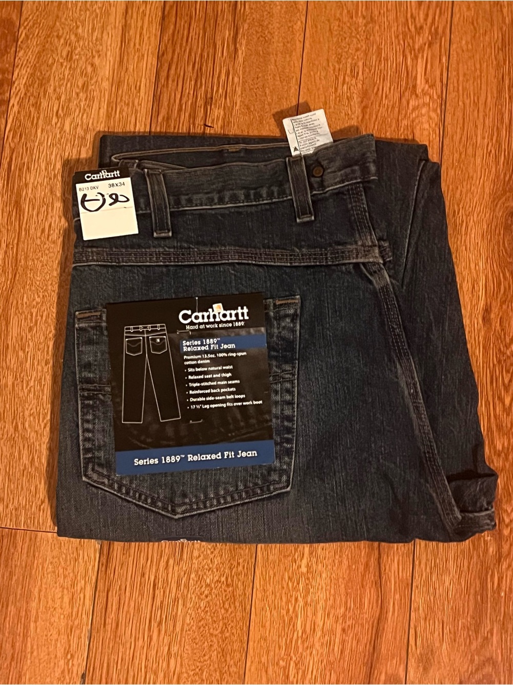 NWT Carhartt B213 Series 1889 Relaxed Fit Straight Leg Jean- Dark Blue 38x34